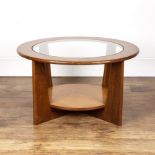 Attributed to G-plan teak, circular coffee table with glass inset top, unmarked, 77.5cm wide x
