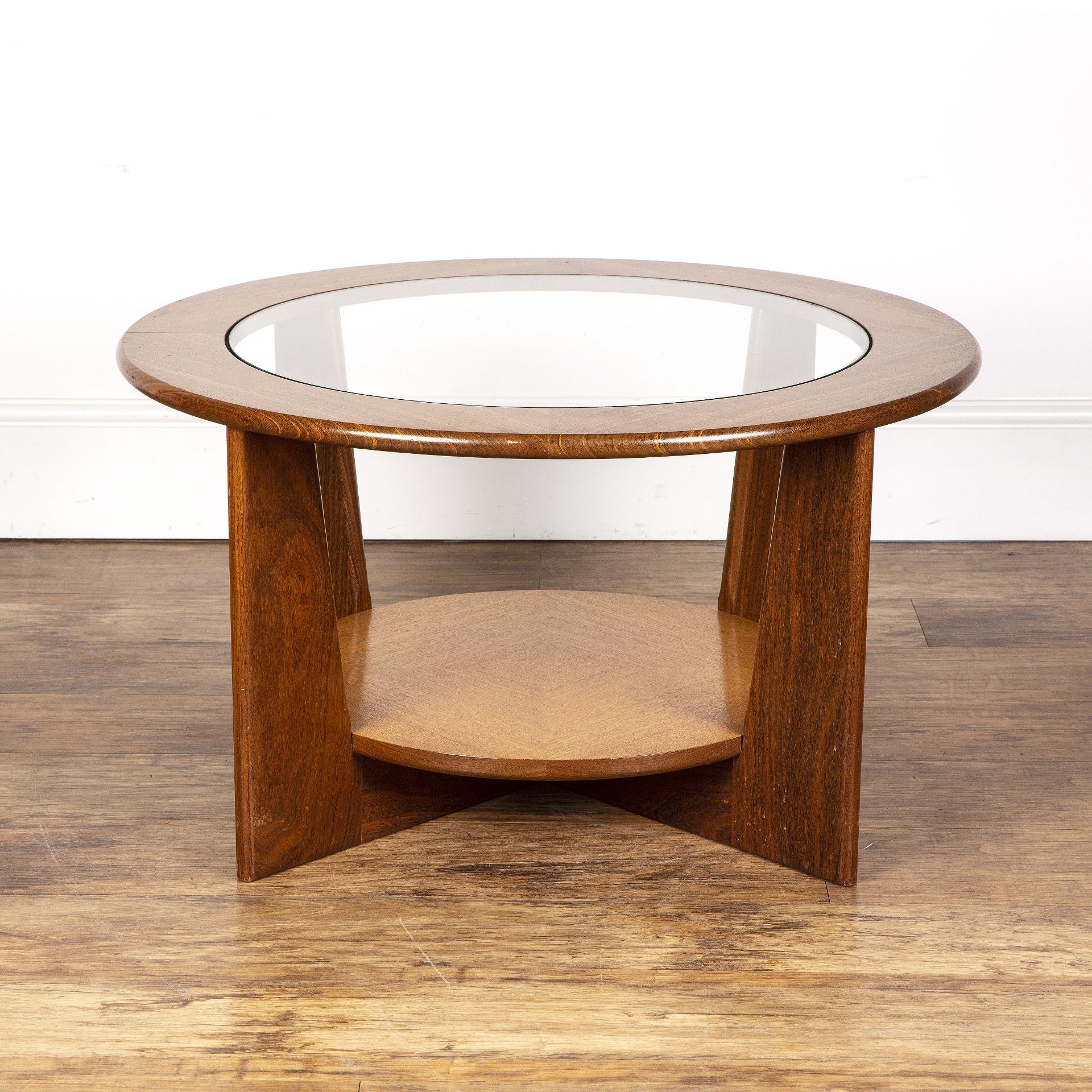 Attributed to G-plan teak, circular coffee table with glass inset top, unmarked, 77.5cm wide x