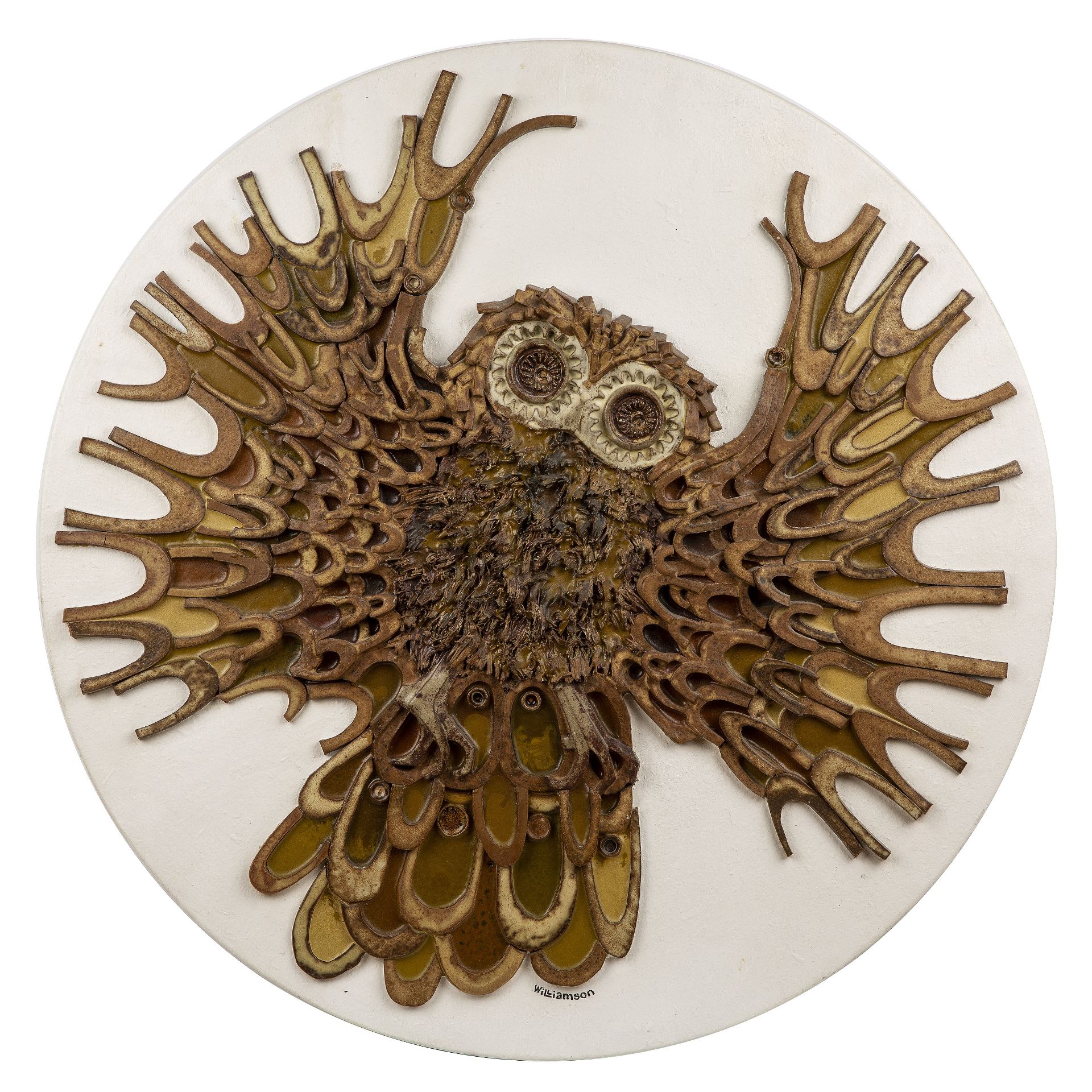 Williamson (20th Century School) 'Owl roundel' pottery plaque, signed to the edge of the piece, 75cm