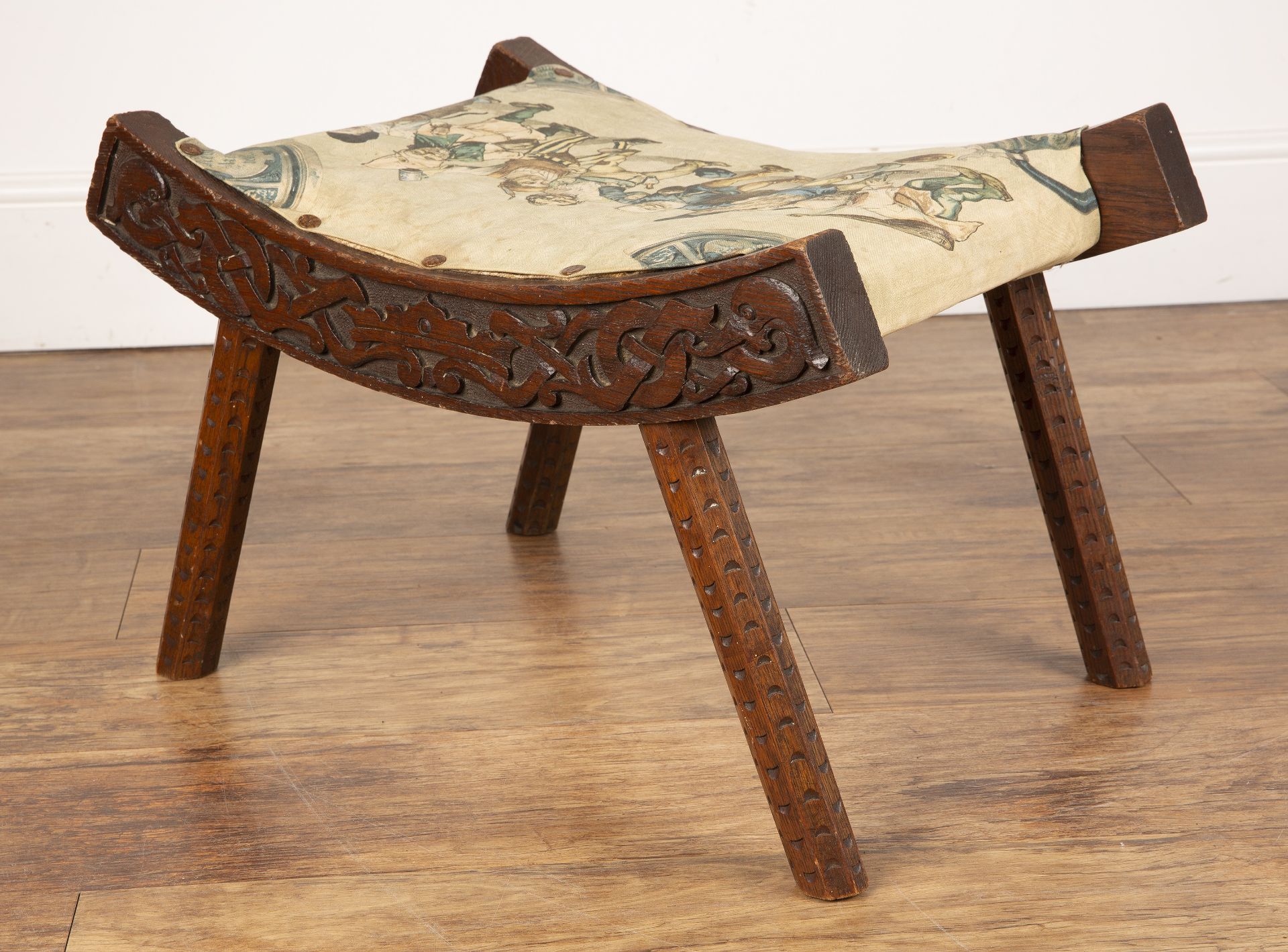 Celtic style carved wooden stool In the manner of Alexander Ritchie from Iona, oak, with upholstered - Image 5 of 6