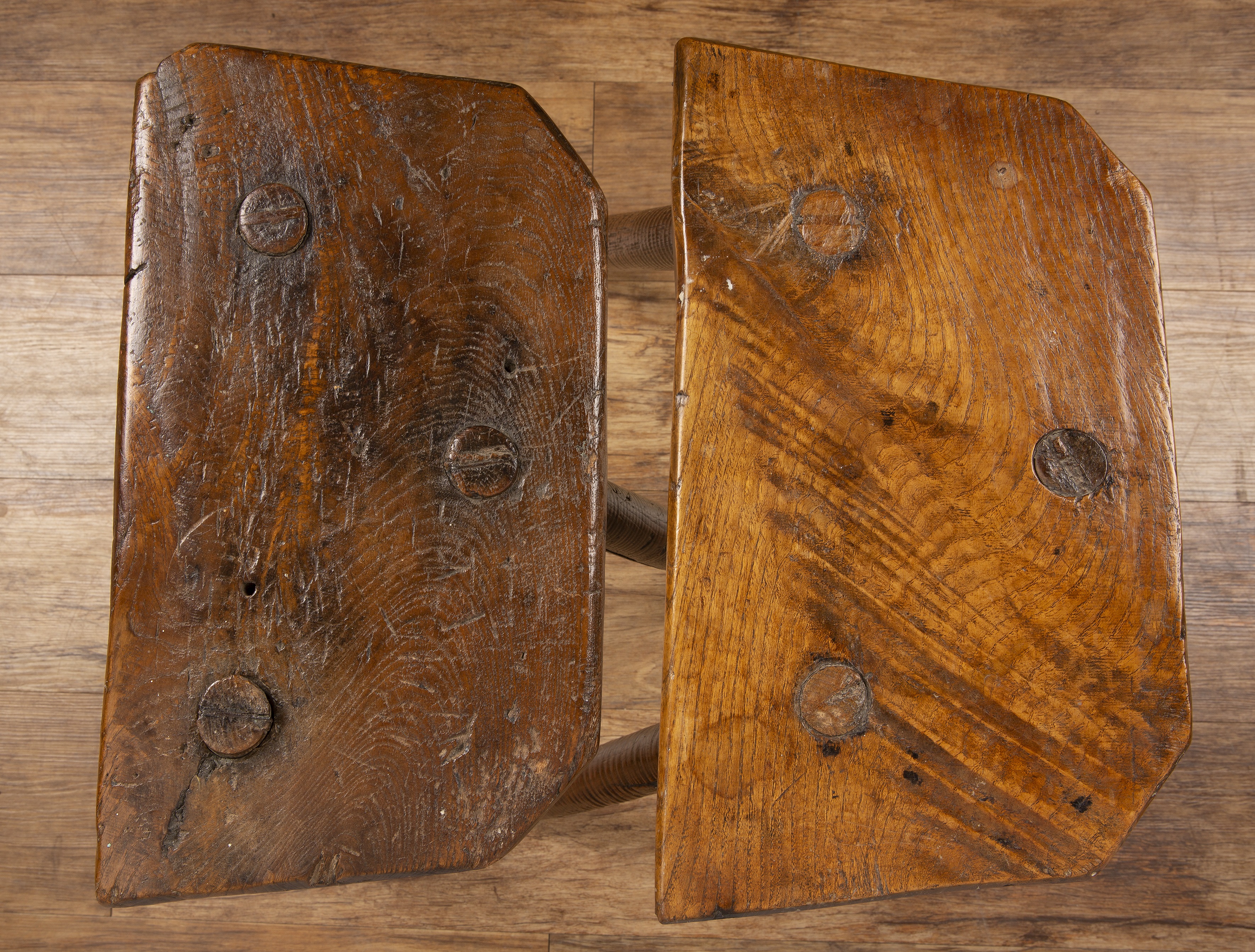 Two cutlers stools 19th Century, with elm tops, each on three legs, lighter coloured example is 50cm - Image 4 of 5