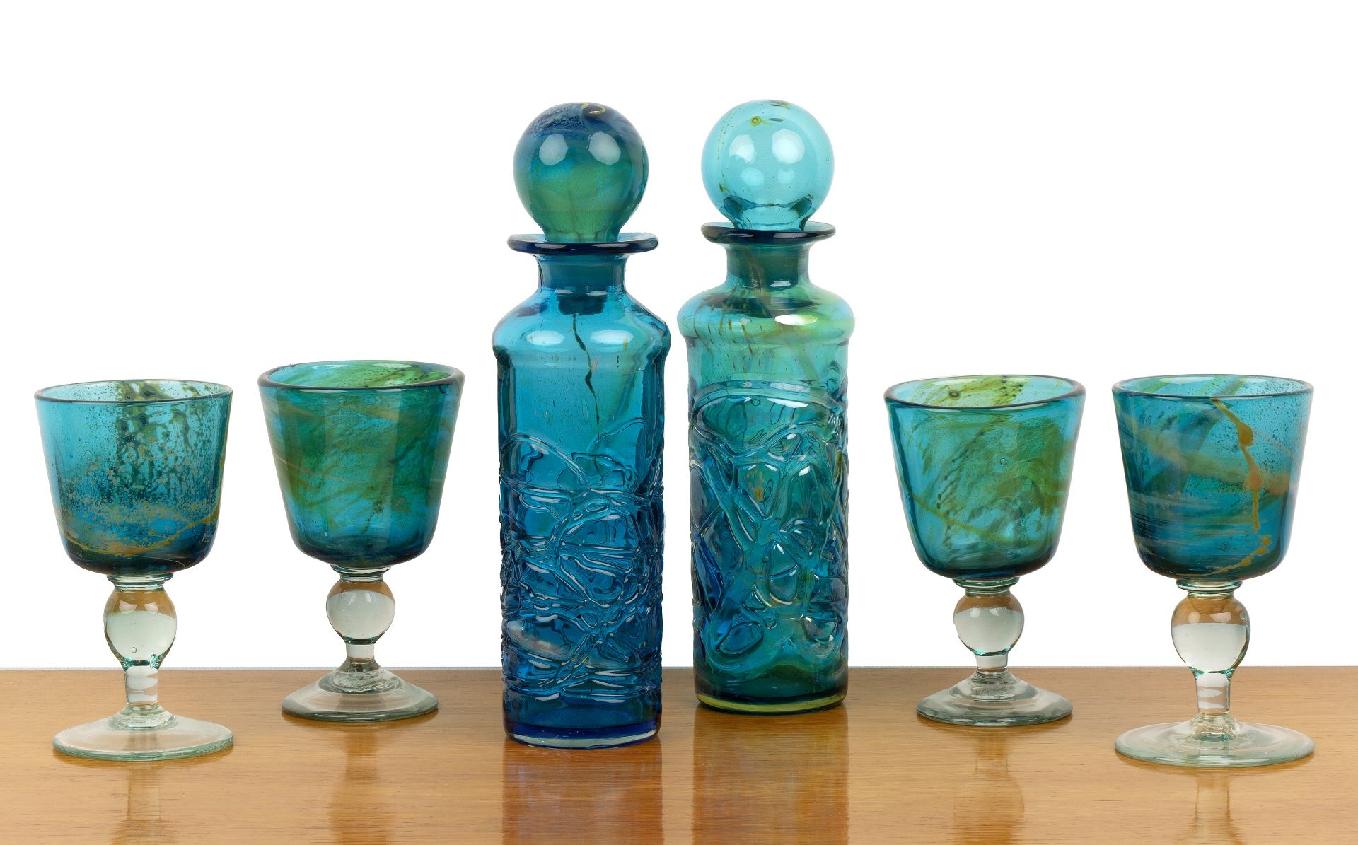 Group of Mdina glassware to include: two trailed glass decanters with stoppers, four goblets, two - Image 2 of 7