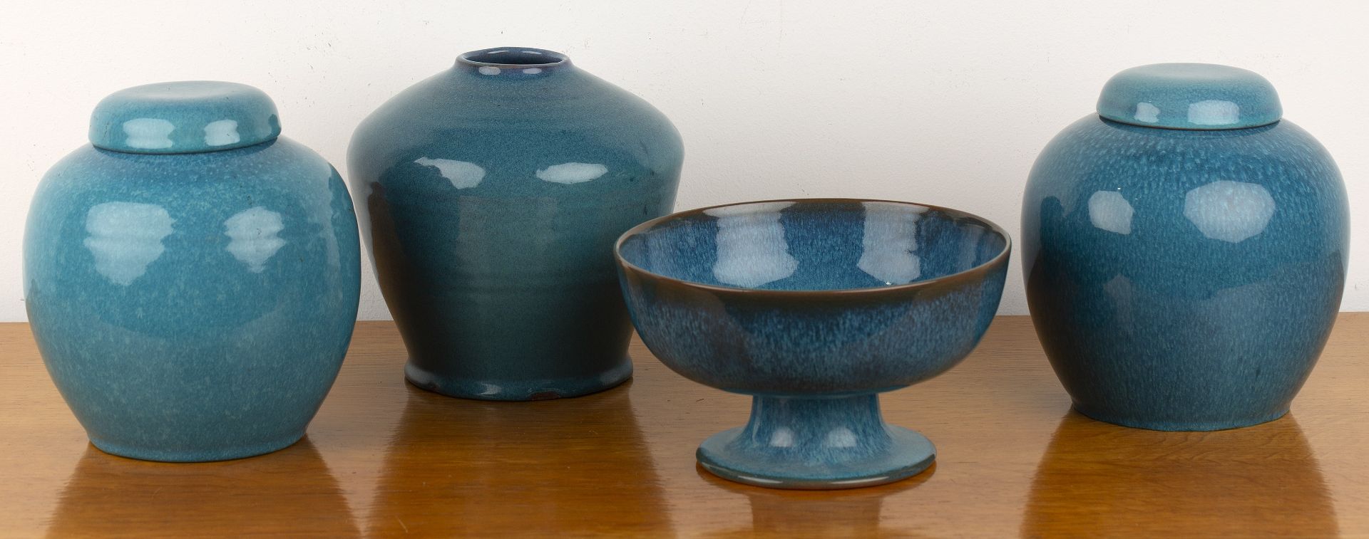 John Adams for Poole Pottery CSA 'Chinese' blue glazed group of ceramics, comprising a pair of - Image 2 of 5