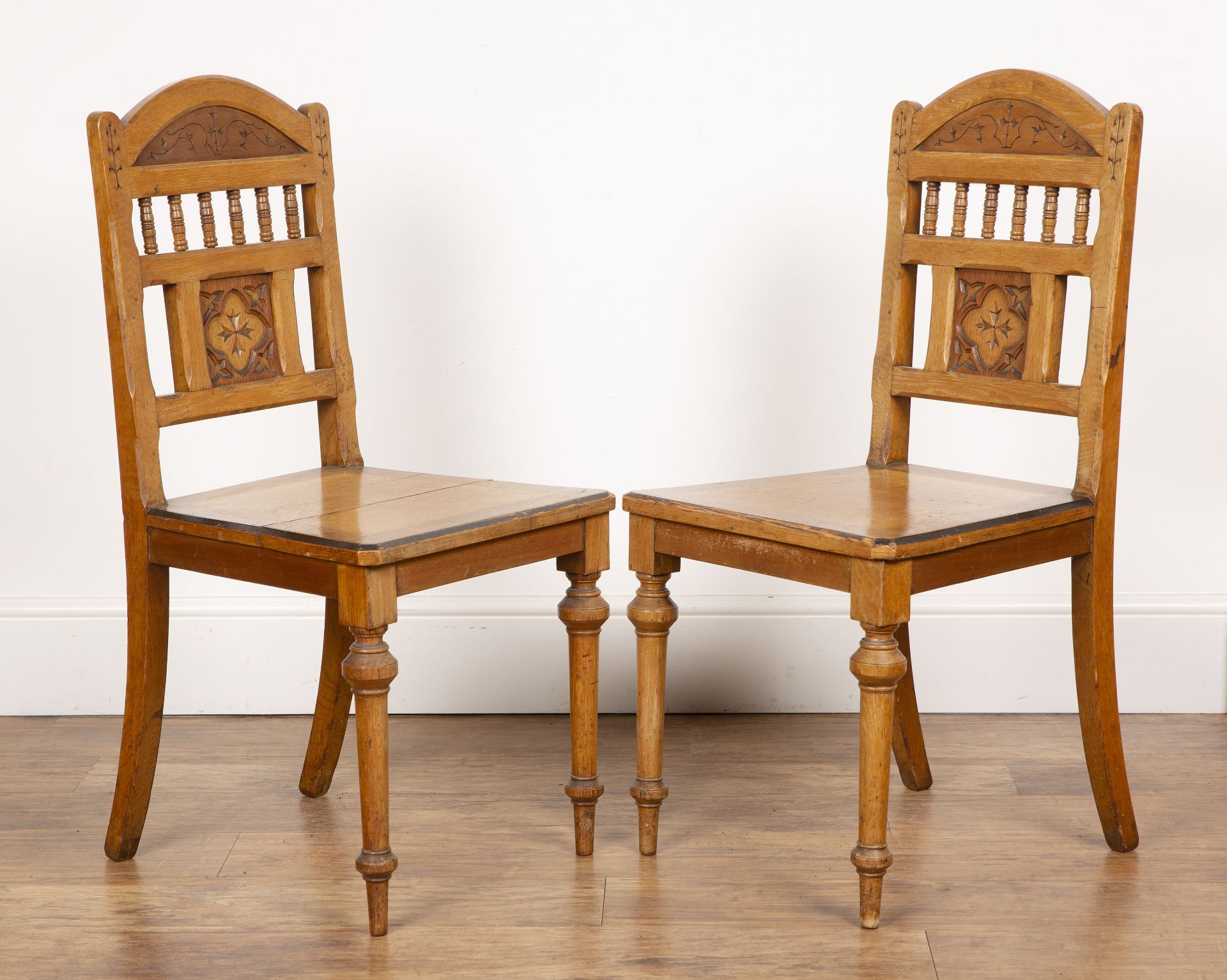 Aesthetic movement pair of oak hall chairs, with carved top rail and back supports, the seat with - Image 2 of 5