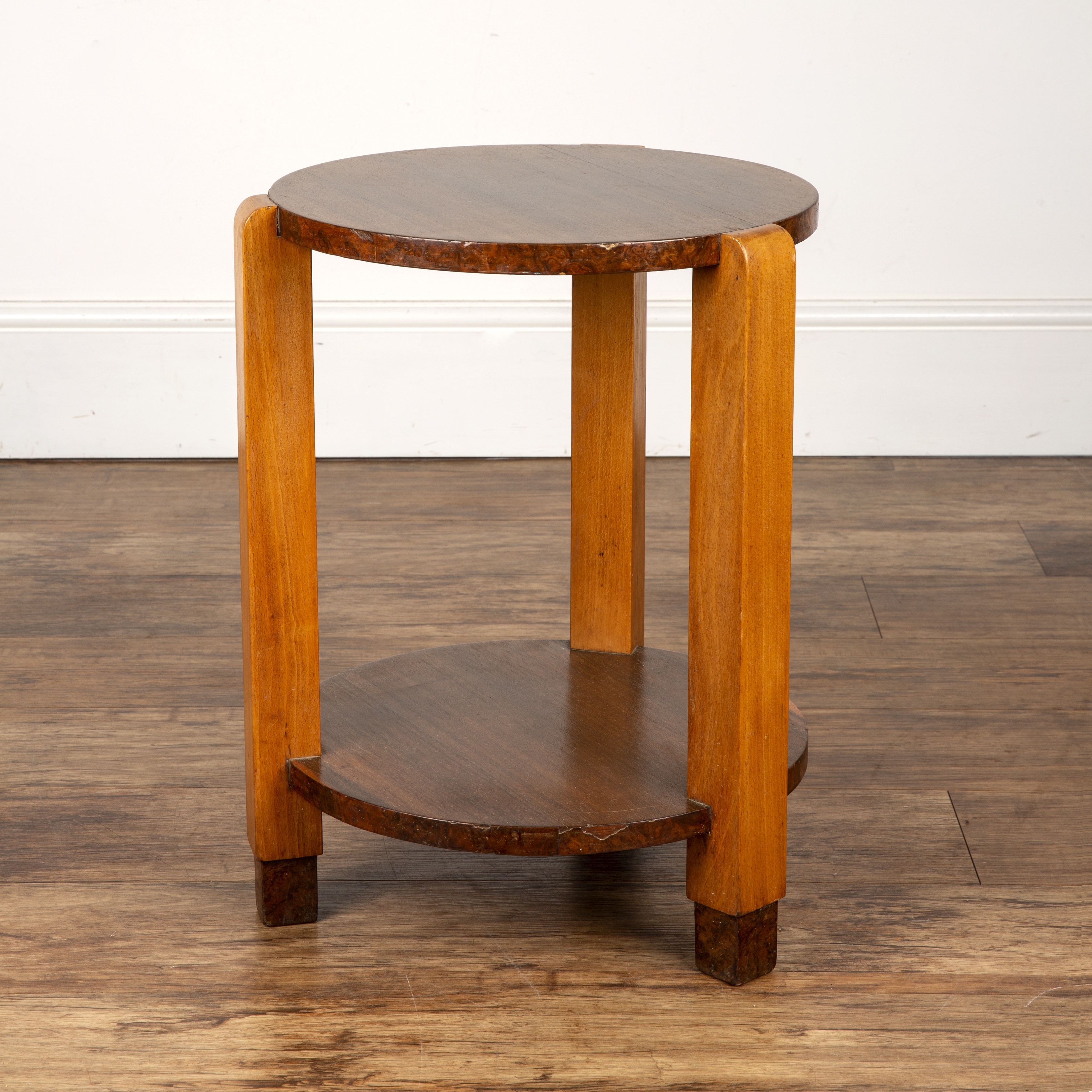 Art Deco beech and walnut veneered table, with circular top, the top surface measures 37cm wide - Image 4 of 5