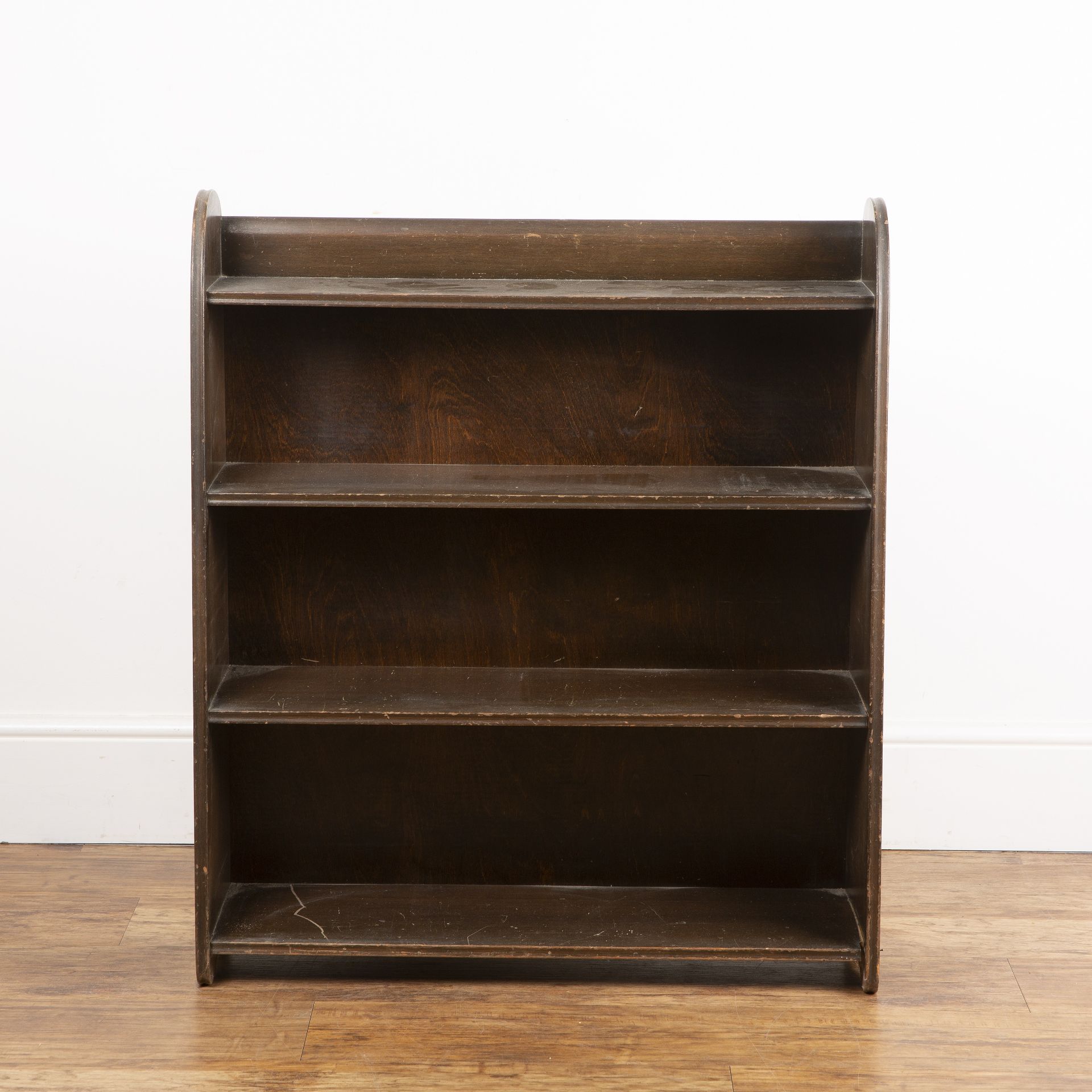 Remploy Furniture stained wood, open bookcase with rounded top, four fixed shelves, label to the