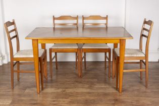 Gordon Russell of Broadway teak dining table and set of four chairs, the table with an applied label