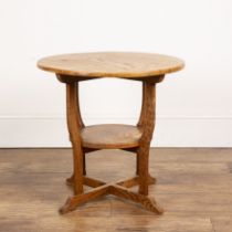 Cotswold School burr oak, occasional table with circular top above a tapering base, unmarked, 57cm