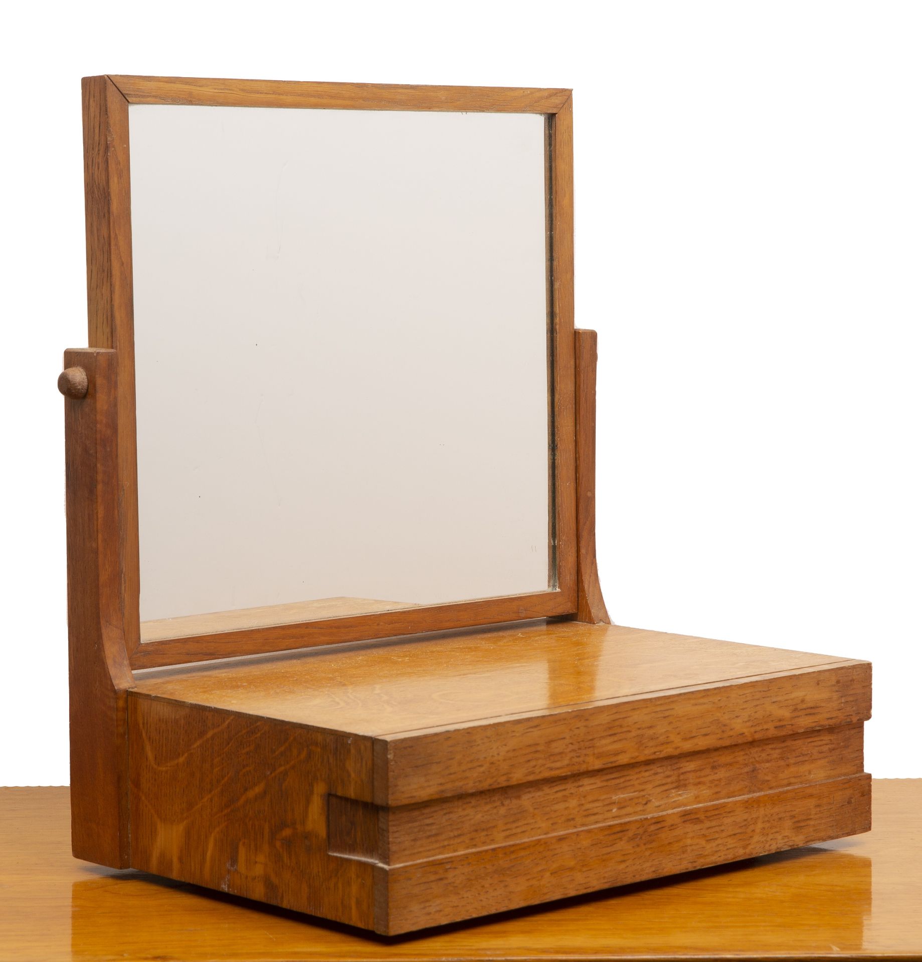 In the manner of Heals oak, dressing table mirror, the base fitted with a drawer, 1930s, unmarked, - Image 2 of 5