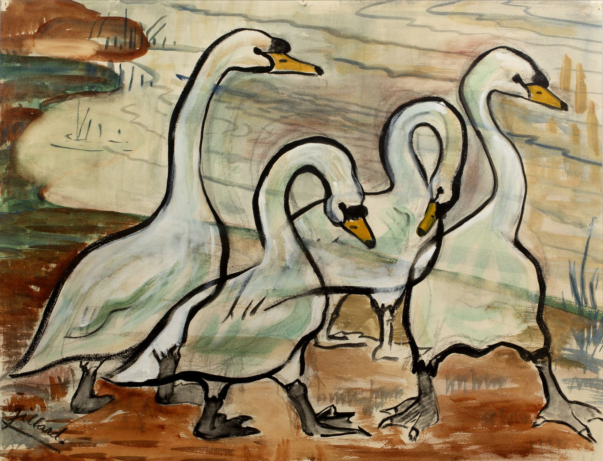 Attributed to Hilda Jillard (1899–1975) 'Swans', watercolour and gouache, signed lower left, dated