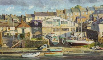 Donald Greig (1916-2009) 'Boats and Boathouses, Island Street, Salcombe', oil on panel, signed lower