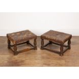 Arts and Crafts near pair of oak framed footstools with woven leather tops, in the manner of