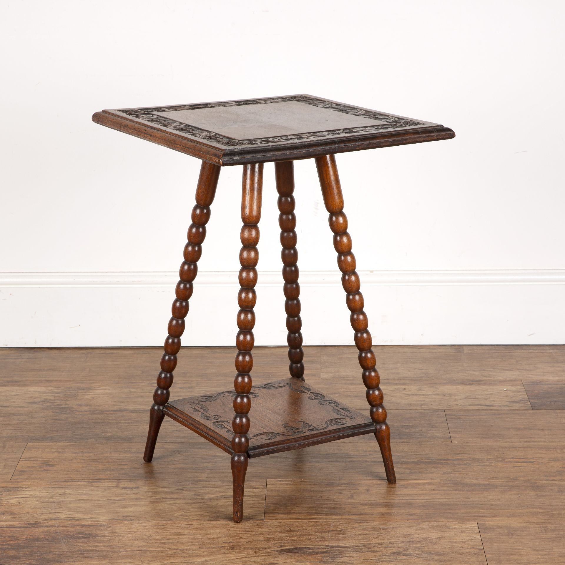 Aesthetic movement oak, side table with carved square top, on bobbin turned legs, 45cm wide x 65.5cm - Bild 2 aus 6