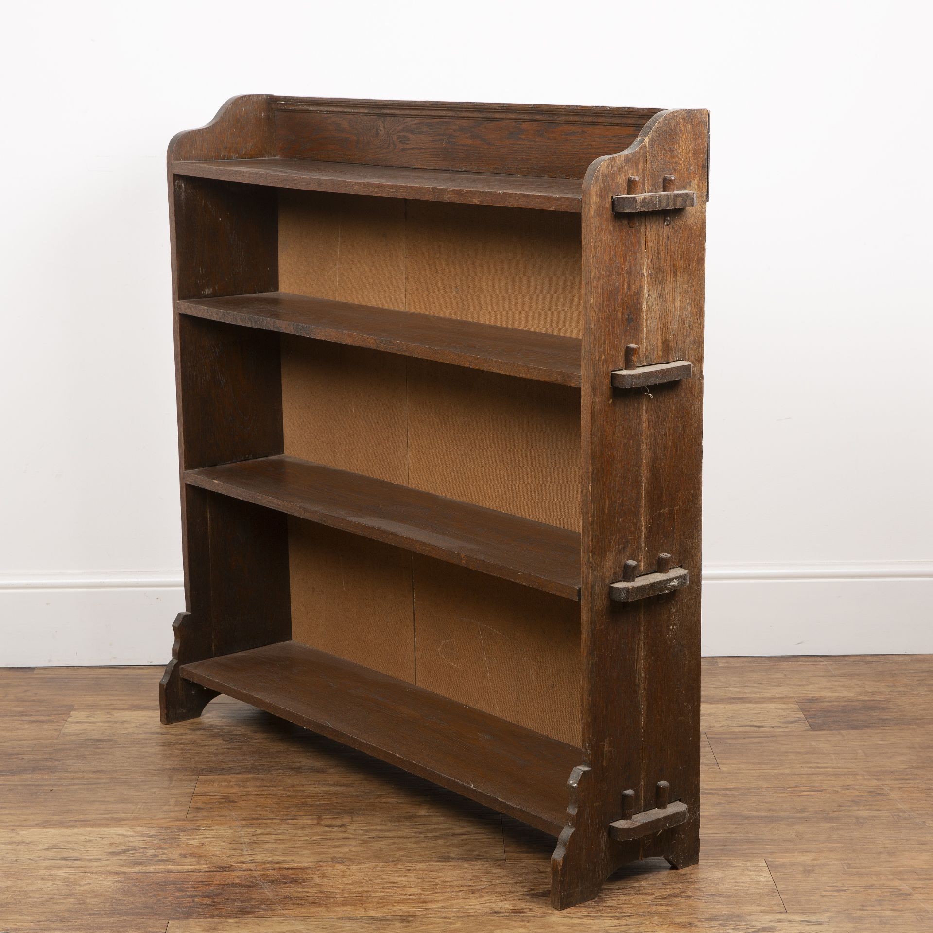 20th Century oak, open bookcase, of pegged construction detailing to either side, with four fitted - Image 3 of 4
