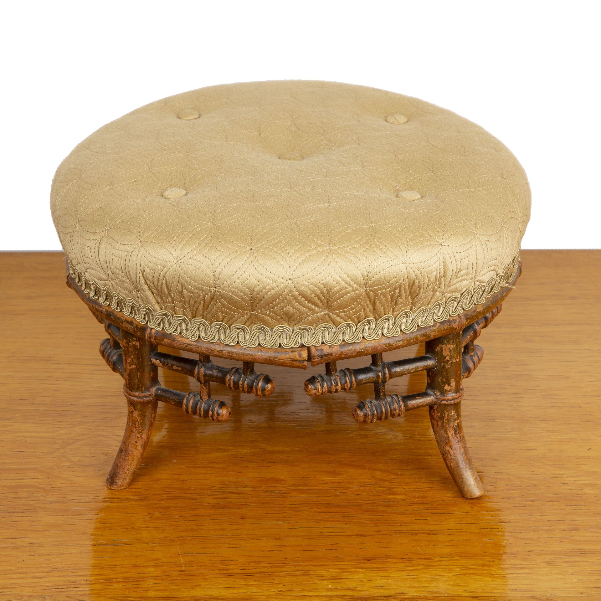 In the manner of Edward William Godwin (1833-1886) small footstool, yellow button upholstered top on - Bild 3 aus 4