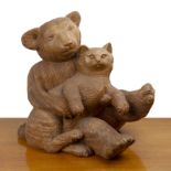 R W (20th Century) 'Bear with cat', carved wooden sculpture, with carved initials and dated 1993