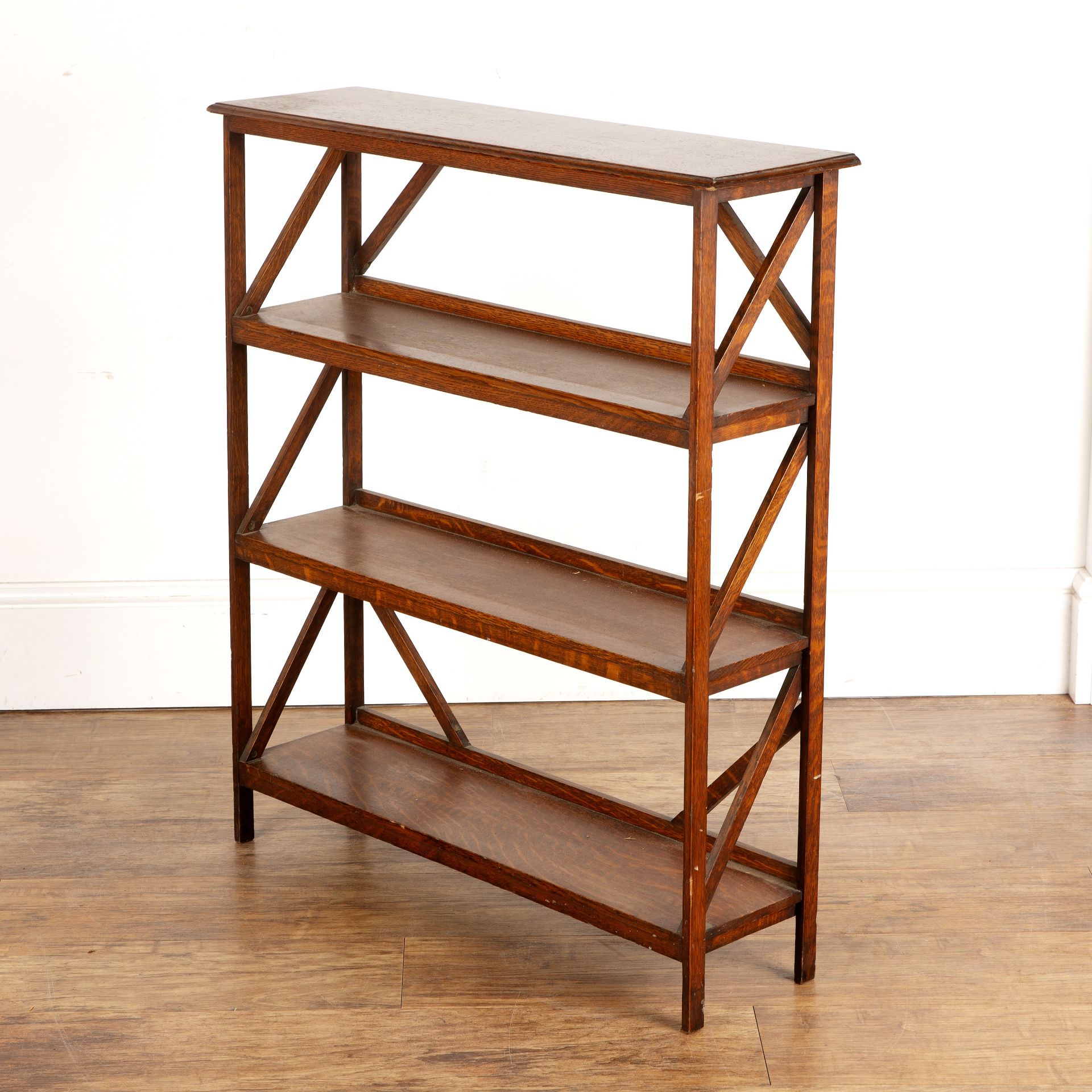 In the manner of Heals oak, open bookcase, with diagonal supports, 76cm wide x 86cm high x 20.5cm - Image 3 of 4