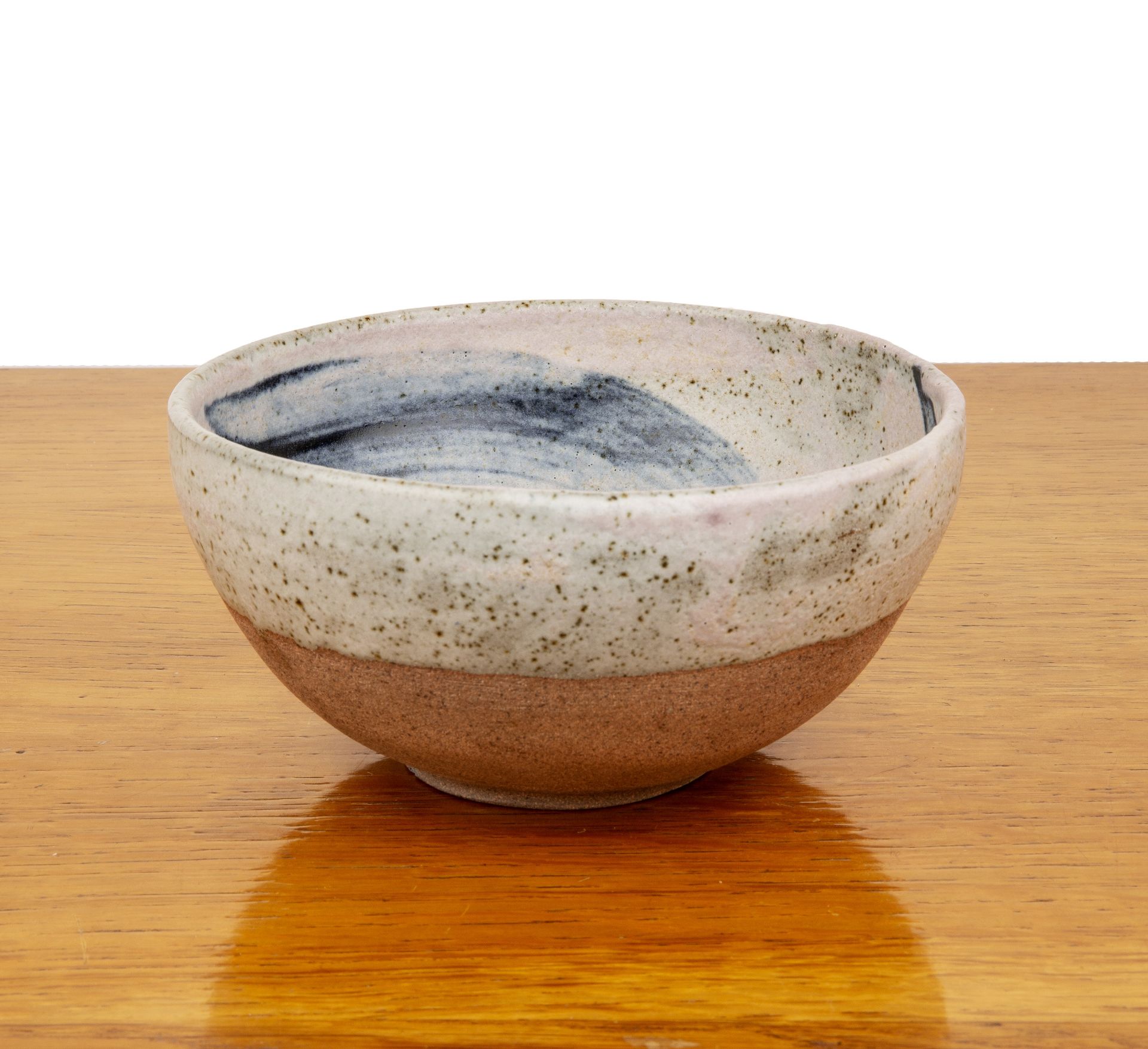 20th Century Japanese School studio pottery bowl, with glazed top decorated with blue brushed glaze,