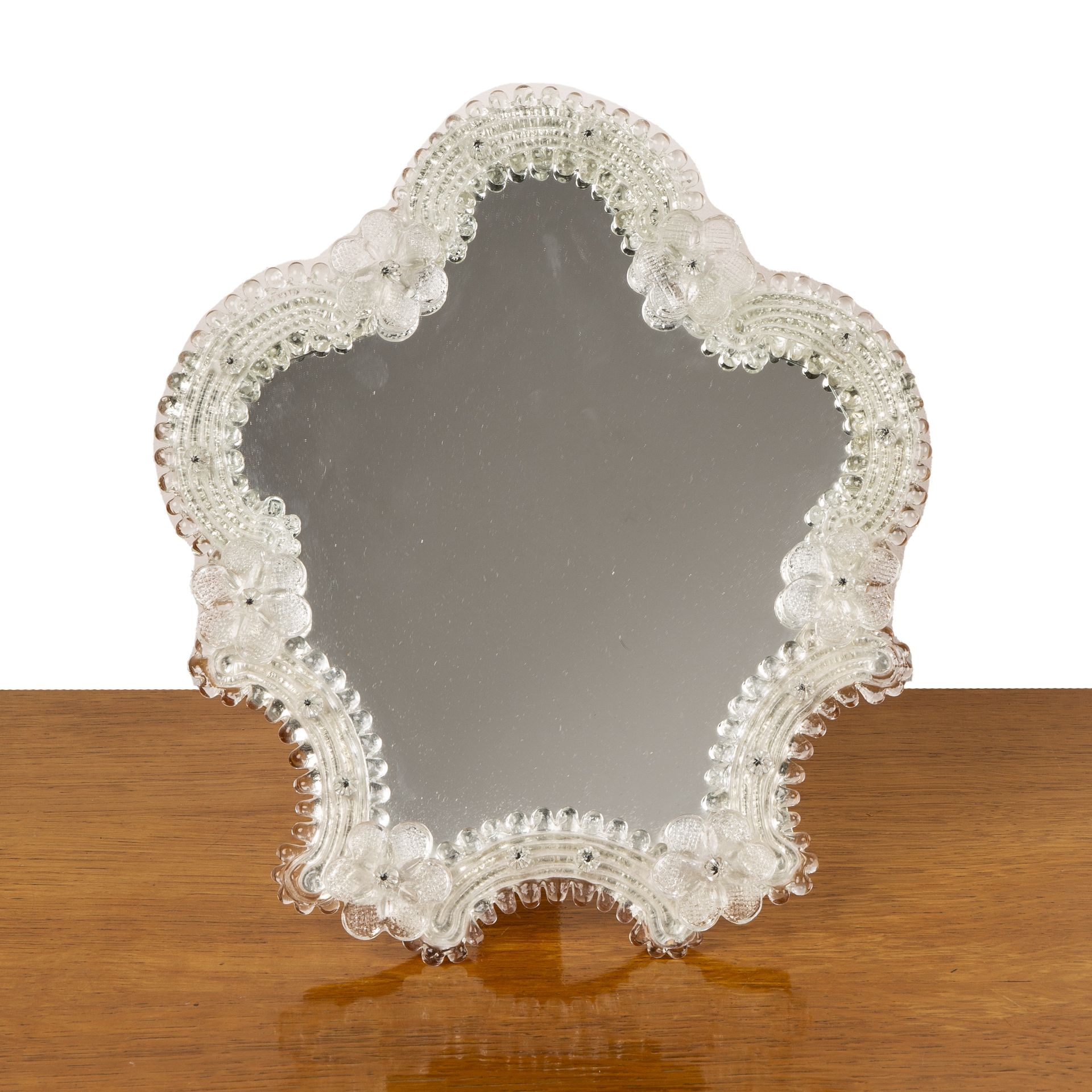 Venetian or Murano glass mirror decorated with flowers, on an easel back, 30cm high when on stand,