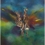 Flis Rothwell (Contemporary Liverpool School) 'Untitled hares', oil on board, unsigned, 60cm x