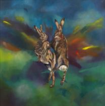 Flis Rothwell (Contemporary Liverpool School) 'Untitled hares', oil on board, unsigned, 60cm x