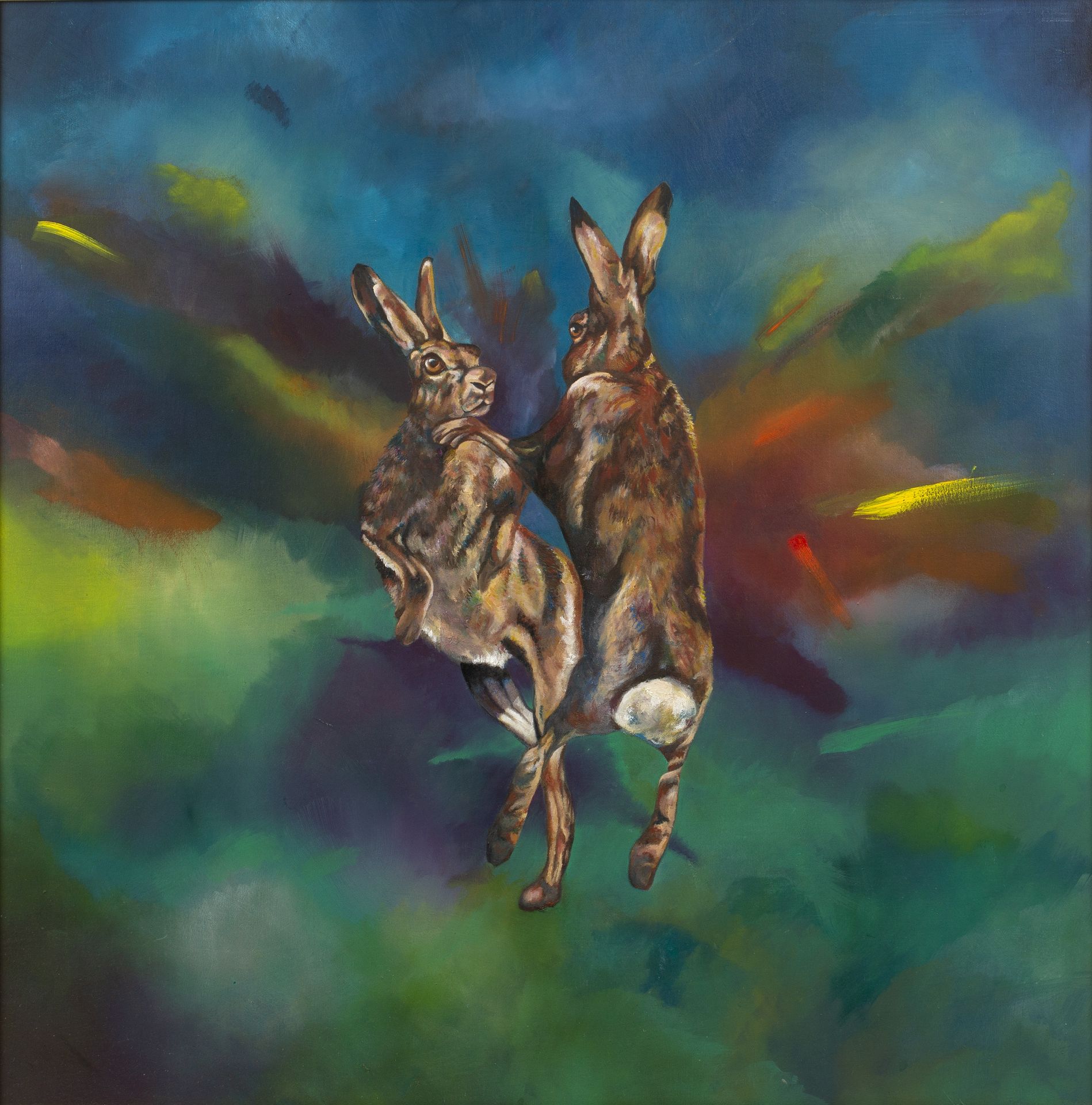 Flis Rothwell (Contemporary Liverpool School) 'Untitled hares', oil on board, unsigned, 60cm x