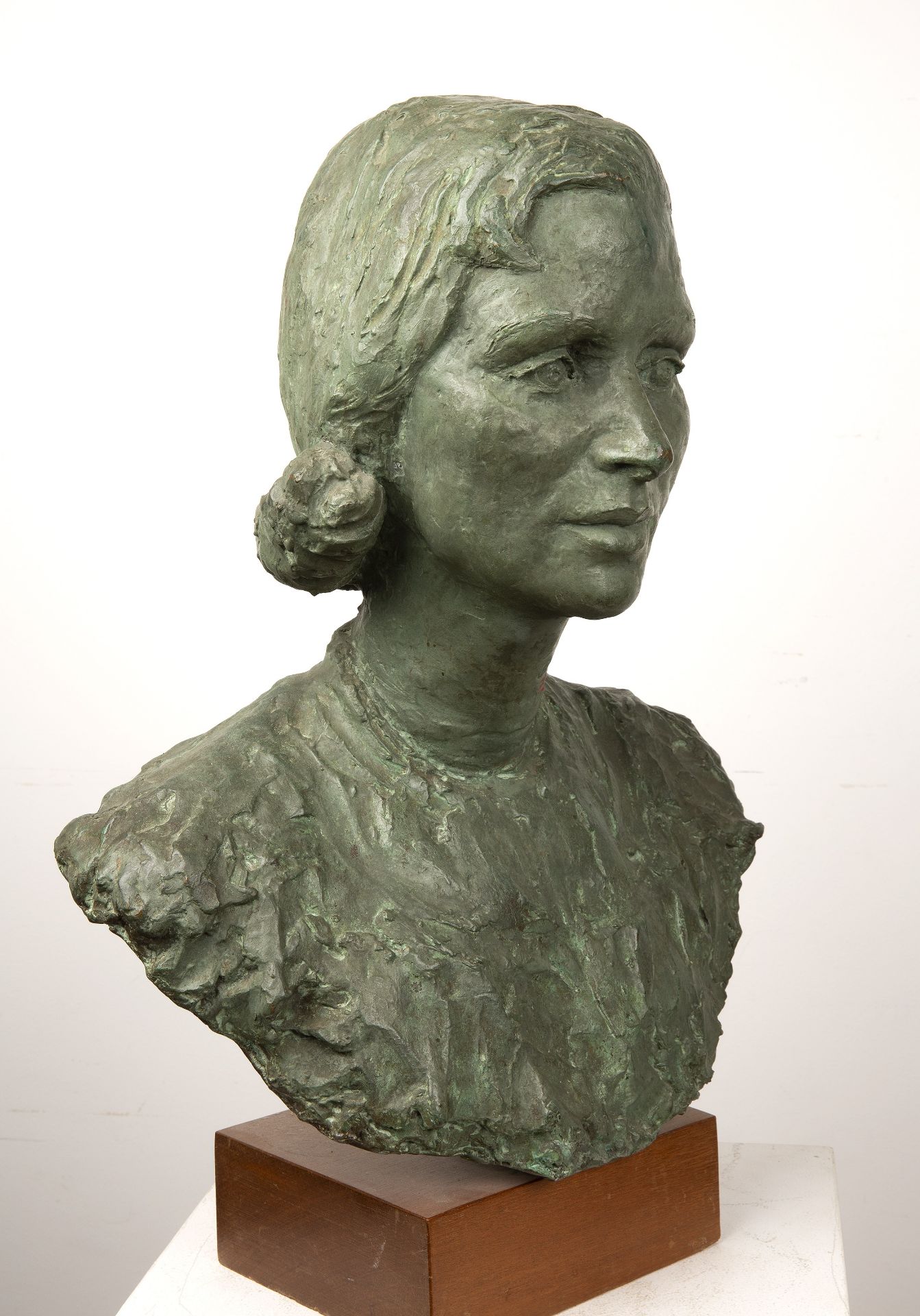 20th Century School 'Study of a lady' bronze bust, unsigned, on wooden plinth, 57cm high overall - Image 2 of 4