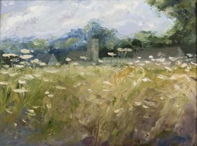 Rupert Aker (Contemporary) 'Flowers in the field', oil on panel, signed lower right, 28cm x 38cm