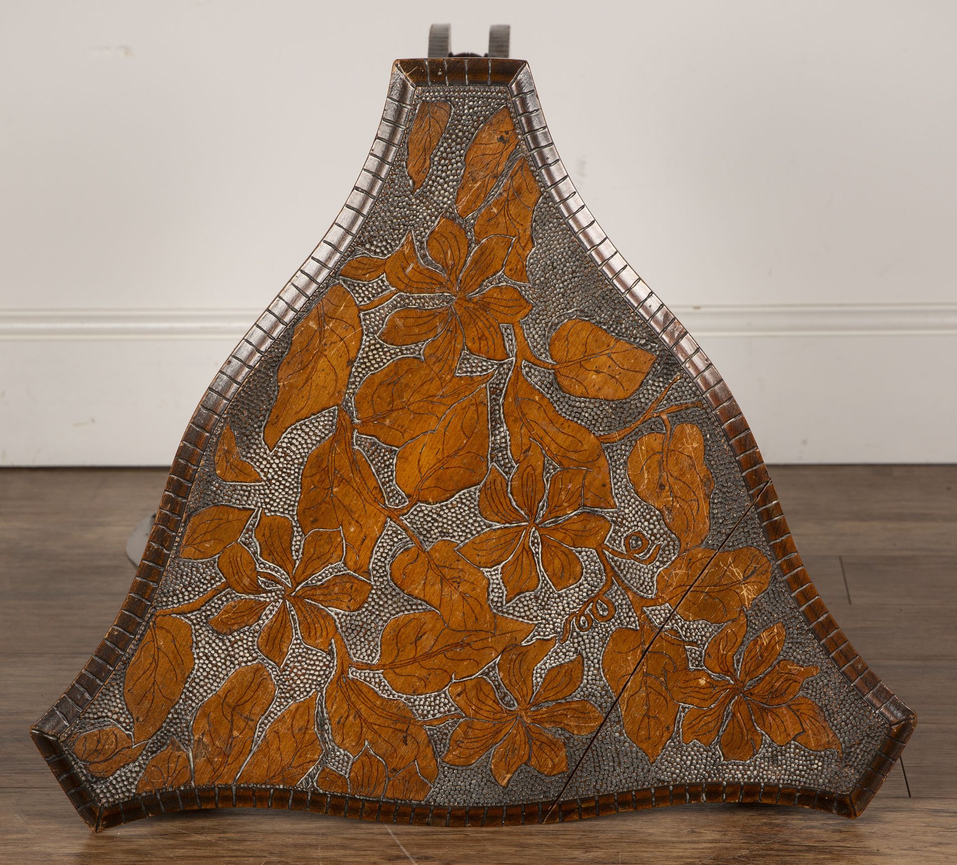 Art Nouveau pokerwork side table, with triangular top, decorated with leaves above a decorated - Image 6 of 6