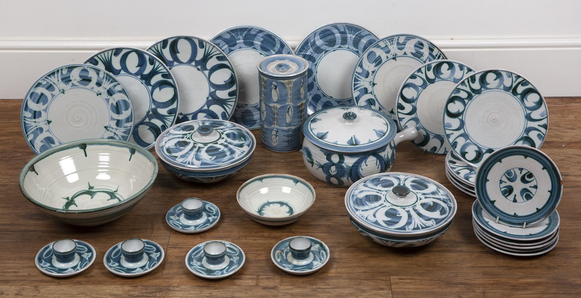 Alan Caiger-Smith (1930-2020) at Aldermaston Pottery tin-glazed earthenware dinner service, to