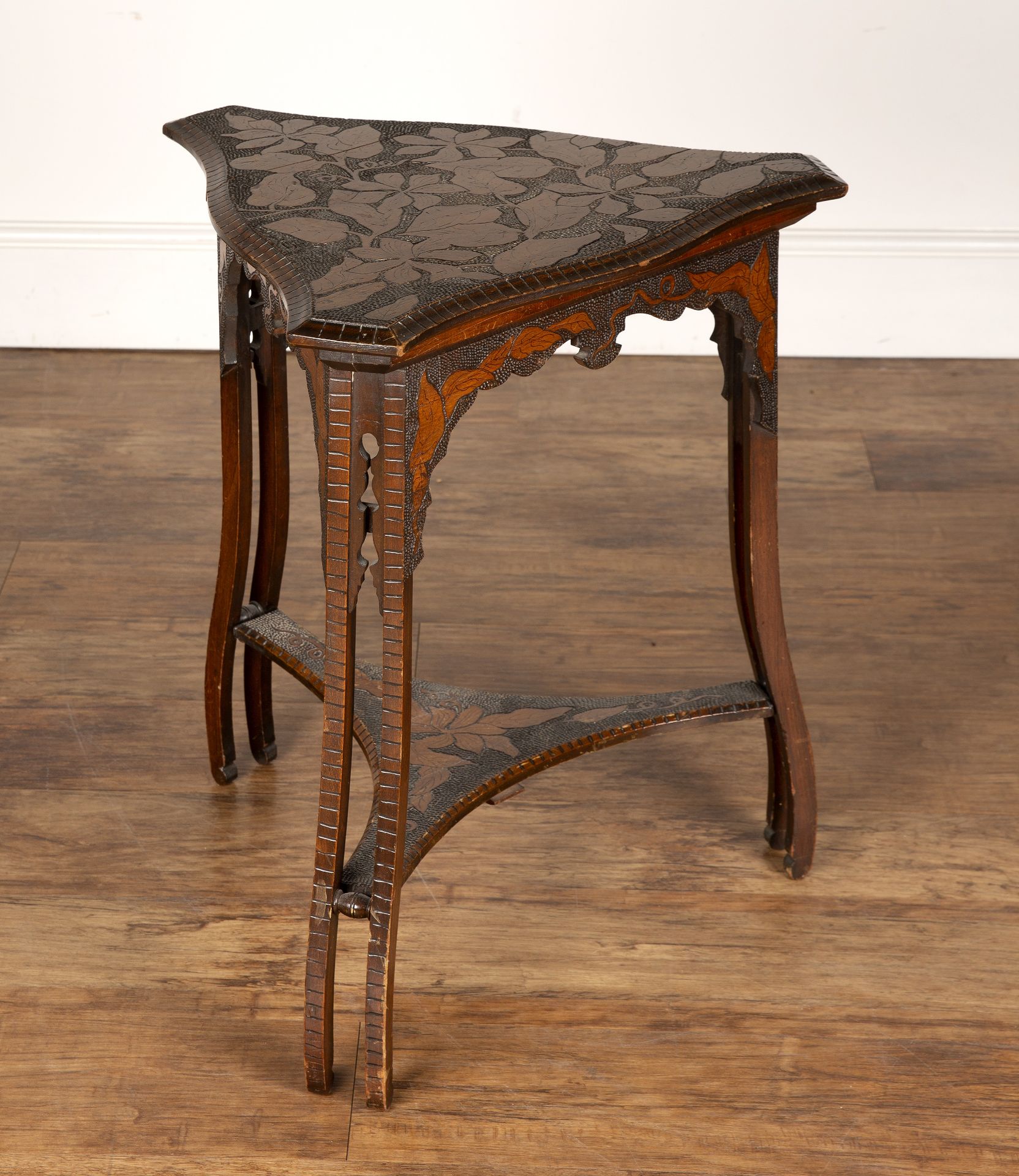 Art Nouveau pokerwork side table, with triangular top, decorated with leaves above a decorated - Image 5 of 6