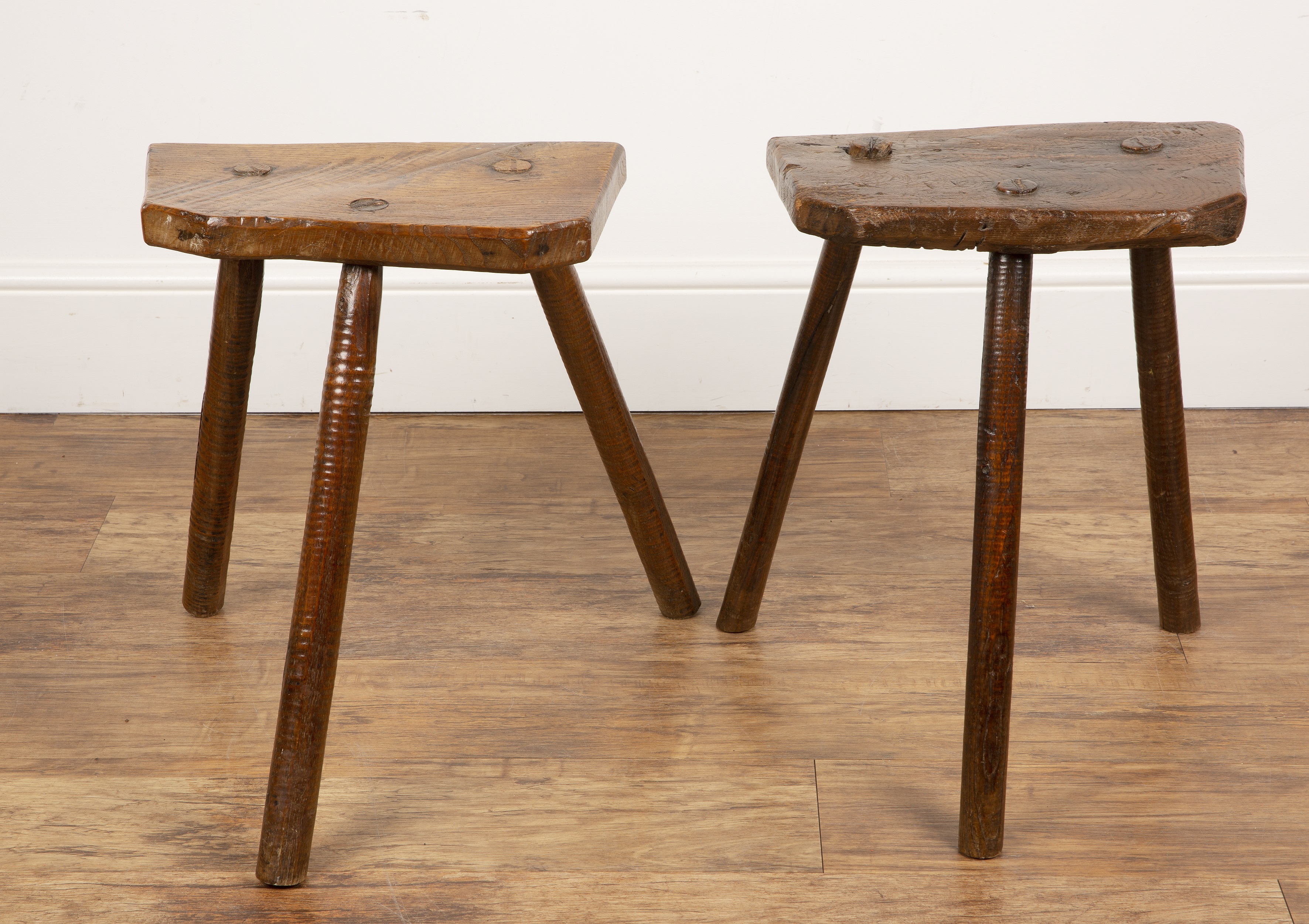 Two cutlers stools 19th Century, with elm tops, each on three legs, lighter coloured example is 50cm - Image 5 of 5