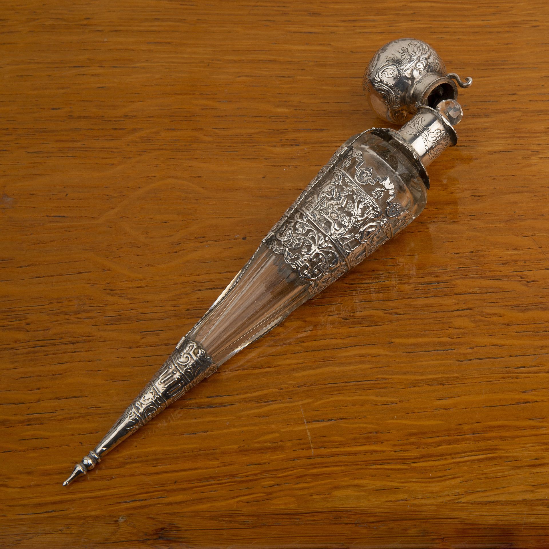 Dutch conical scent bottle 19th Century, facet cut glass with unmarked silver repoussé lid and - Image 2 of 3