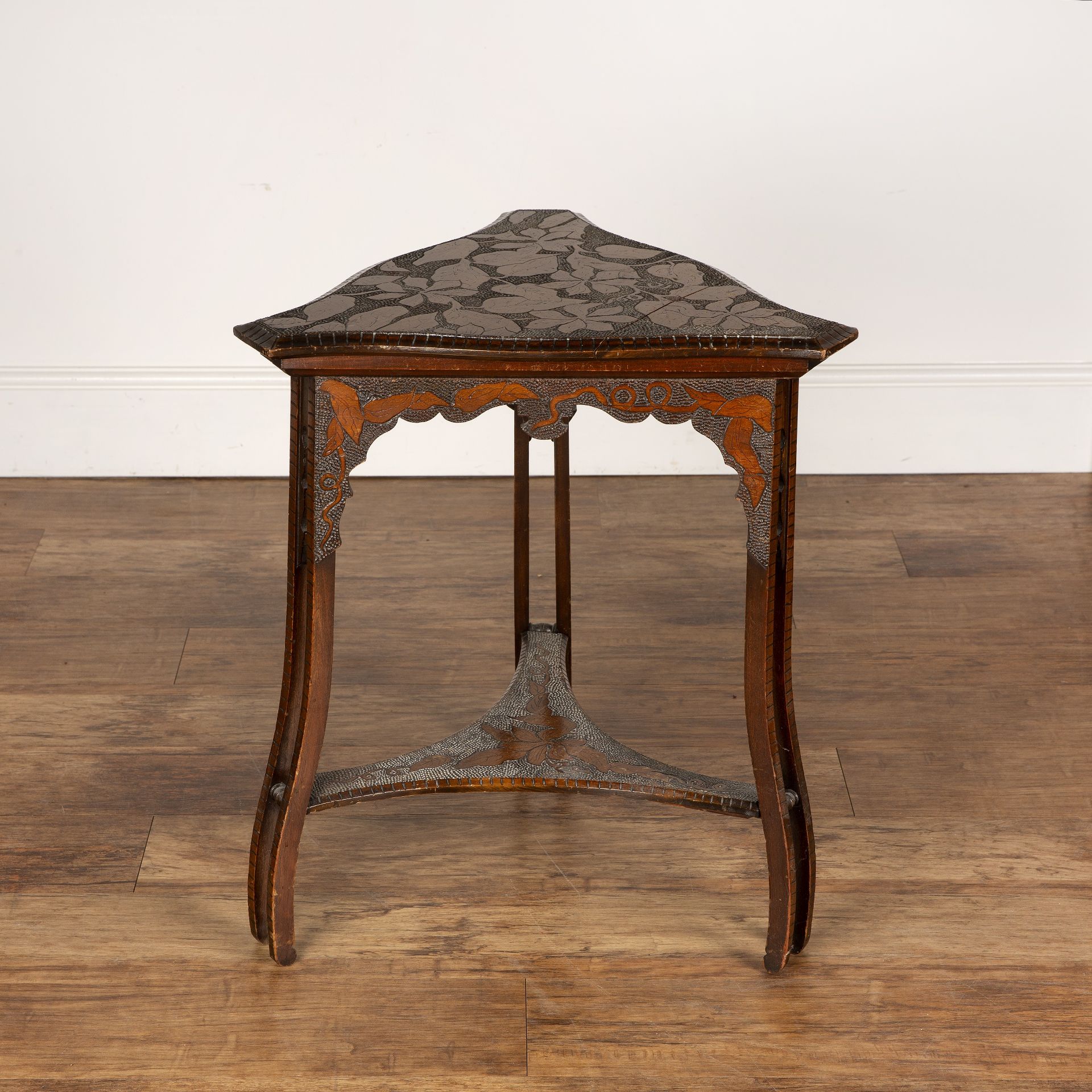 Art Nouveau pokerwork side table, with triangular top, decorated with leaves above a decorated - Image 3 of 6