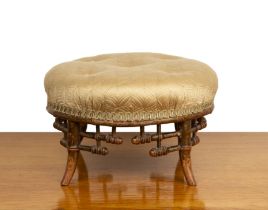 In the manner of Edward William Godwin (1833-1886) small footstool, yellow button upholstered top on