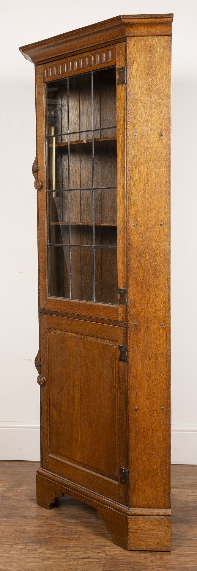 Yorkshire School oak, corner display cabinet, with astragal glazed door above a fielded panel - Image 4 of 5