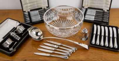 Group of miscellaneous silver to include: a silver rimmed cut glass bowl, 22.5cm across x 10cm high,