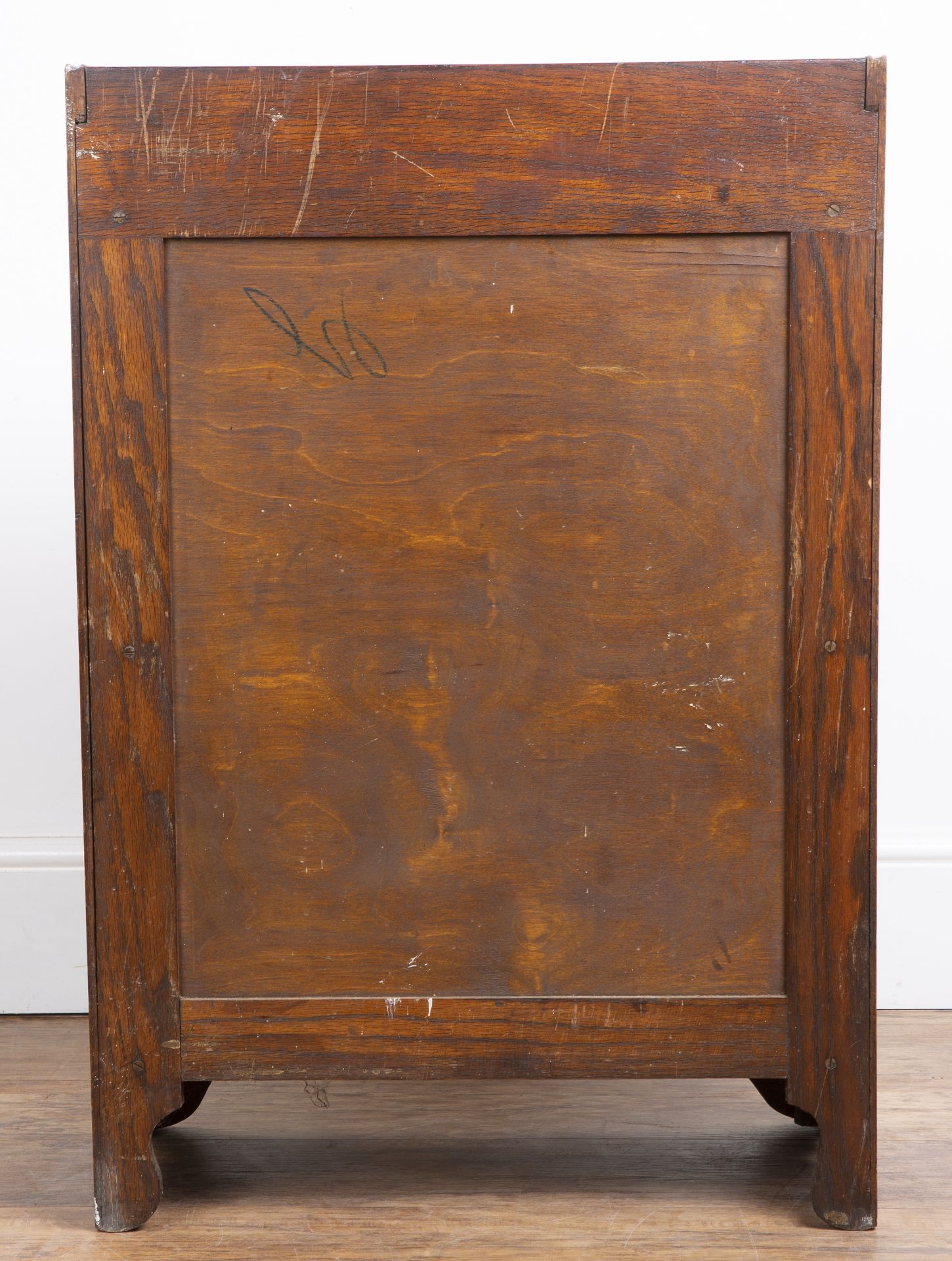 Attributed to Heals oak cupboard, with galleried top, two glazed panel doors with a turned wooden - Image 5 of 5