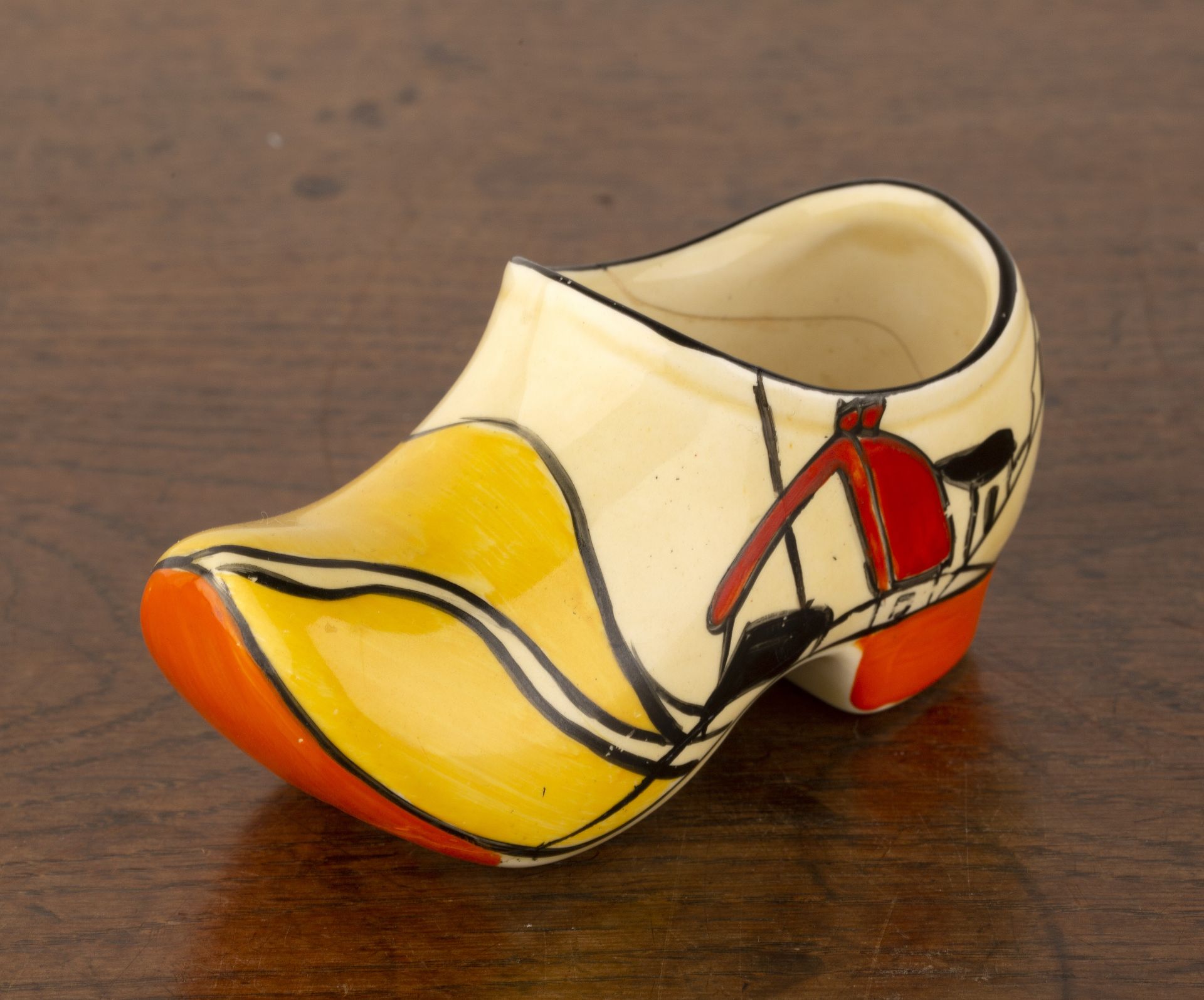 Clarice Cliff (1899-1972) 'House and bridge', model of a clog, marked to the base, 6cm high x 10.5cm - Bild 4 aus 5