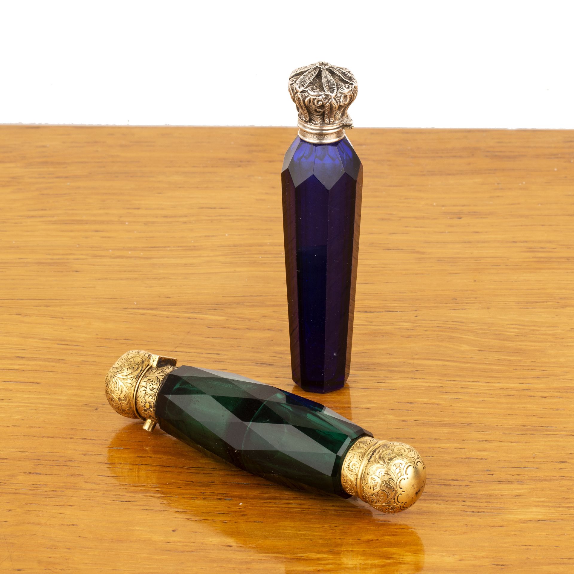 Two Sampson Mordan scent bottles the first with cobalt blue glass body, with white metal mounts - Image 2 of 4
