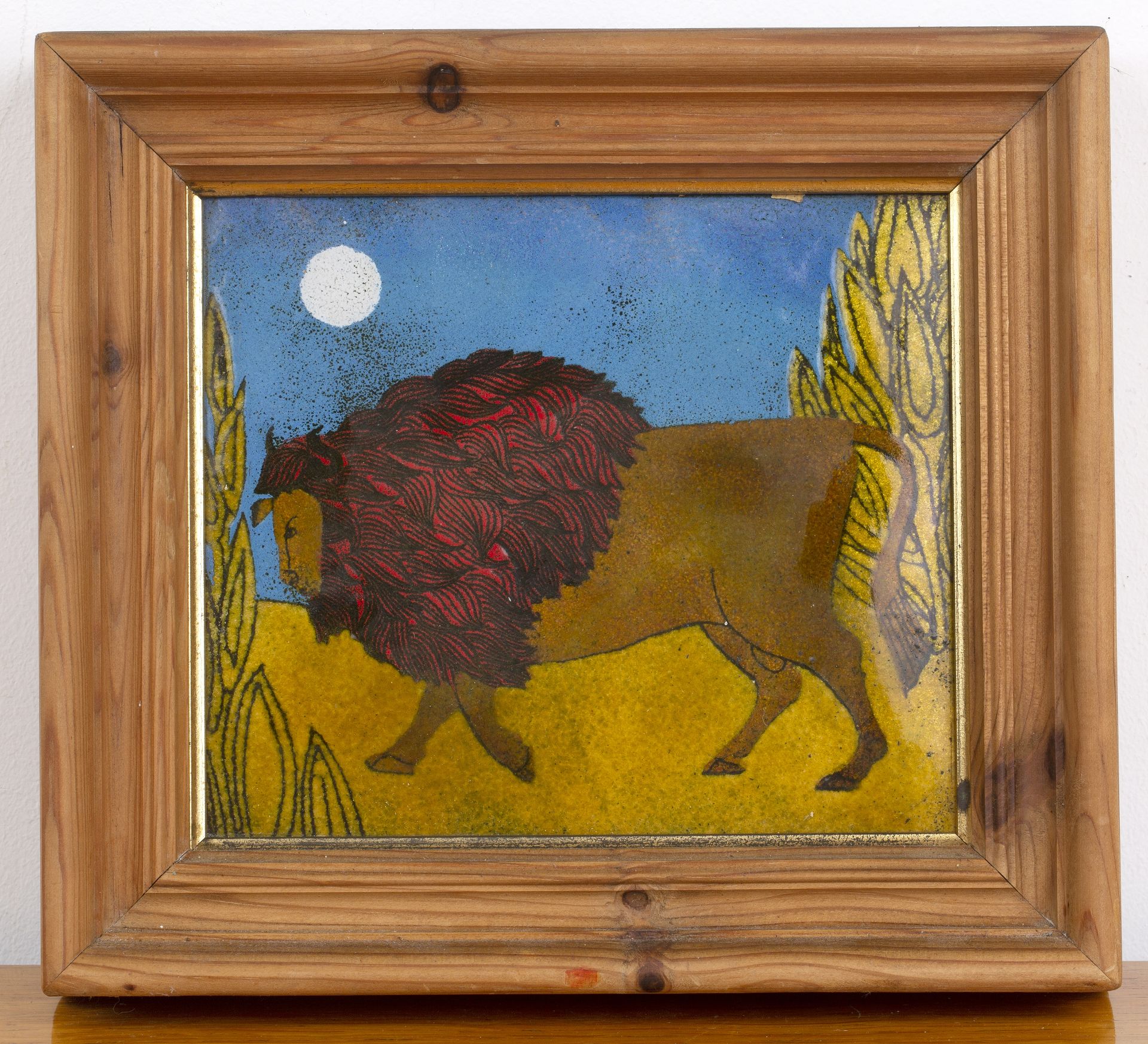 Beryl Turpin (1926-2016) 'Bison', enamel on copper, unsigned, in pine frame, panel itself measures