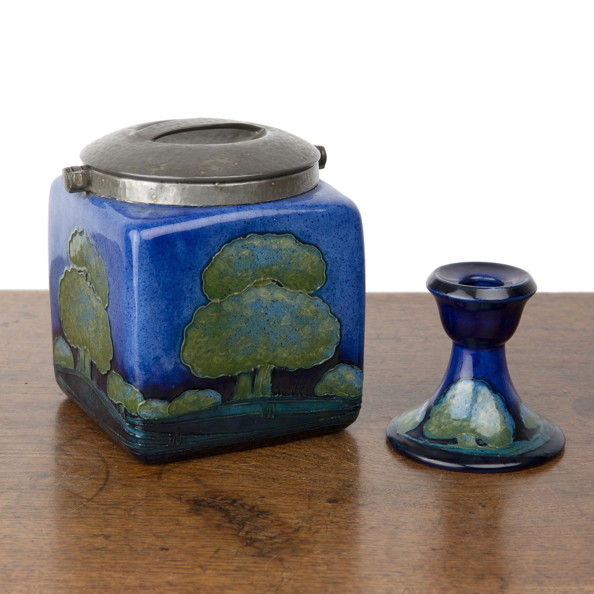 William Moorcroft (1872-1945) for Moorcroft Pottery 'Moonlit blue' biscuit barrel or jar with beaten - Image 3 of 22