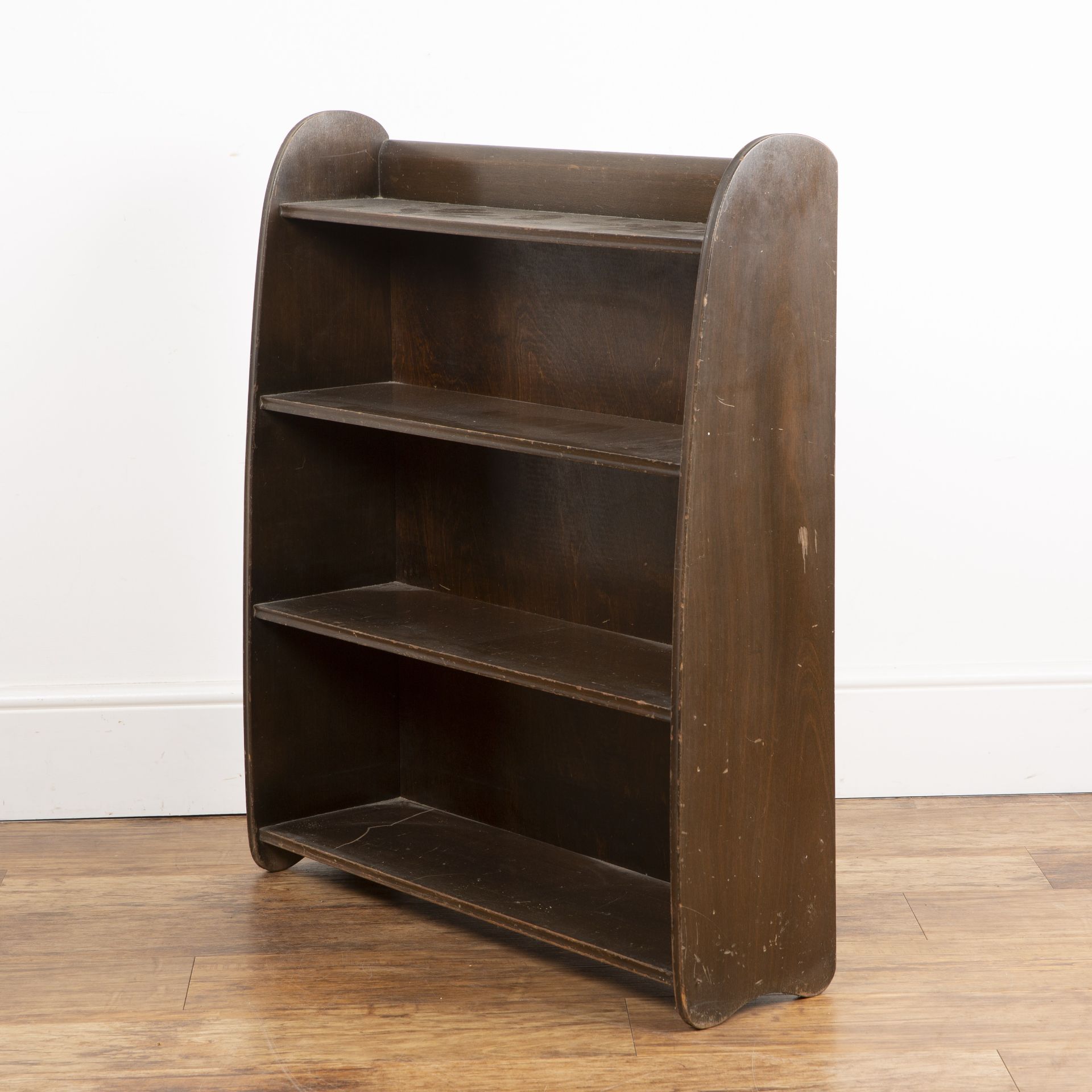 Remploy Furniture stained wood, open bookcase with rounded top, four fixed shelves, label to the - Bild 3 aus 5