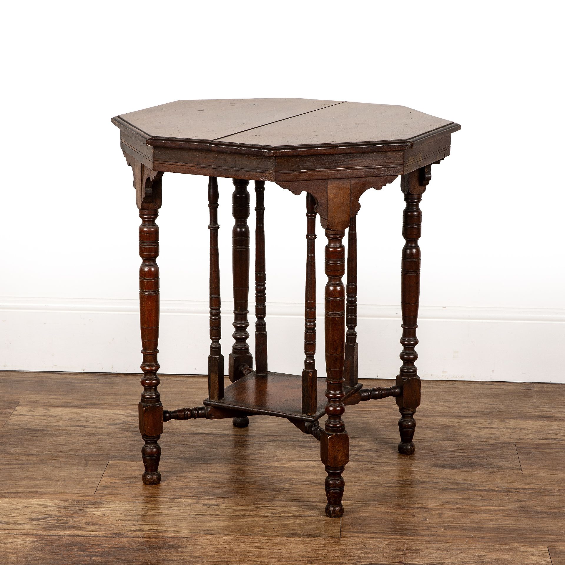 Aesthetic movement walnut, octagonal topped table, on turned legs, unmarked, 60cm wide x 67cm high - Image 2 of 6