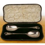 Arts and Crafts cased pair of silver spoons set, with stylised finials, bearing marks for William