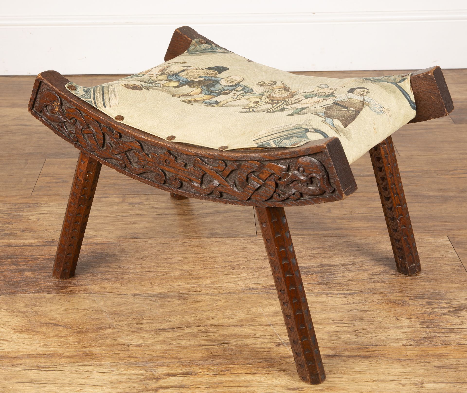 Celtic style carved wooden stool In the manner of Alexander Ritchie from Iona, oak, with upholstered - Image 3 of 6