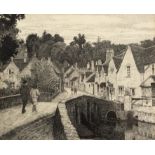 R Clover (20th Century School) 'Castle Combe, Cotswolds', pen sketch, signed lower centre, 19cm x
