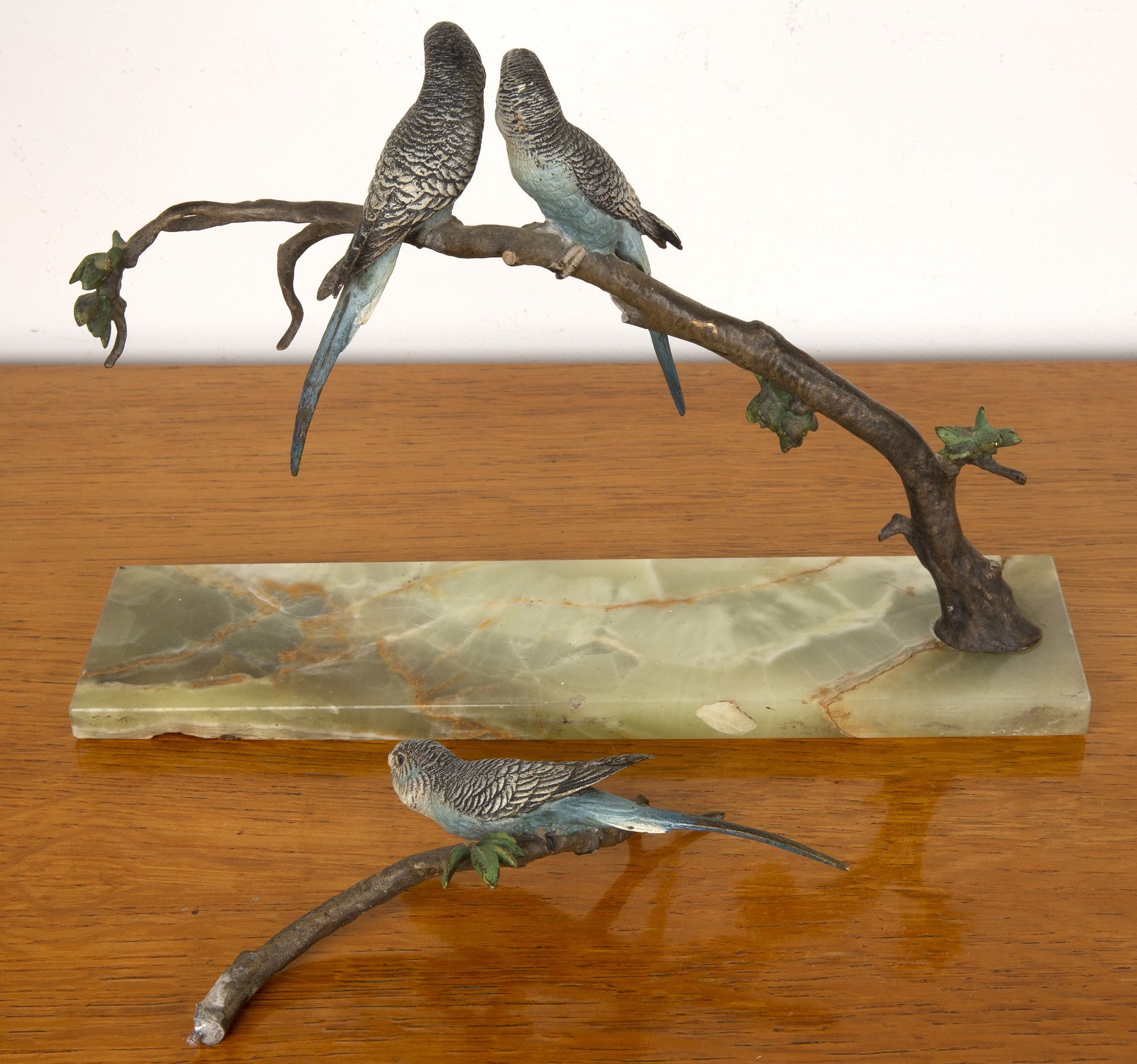 Austrian cold-painted bronze figure group of blue budgies, 19th Century, unmarked, on rectangular - Image 2 of 2