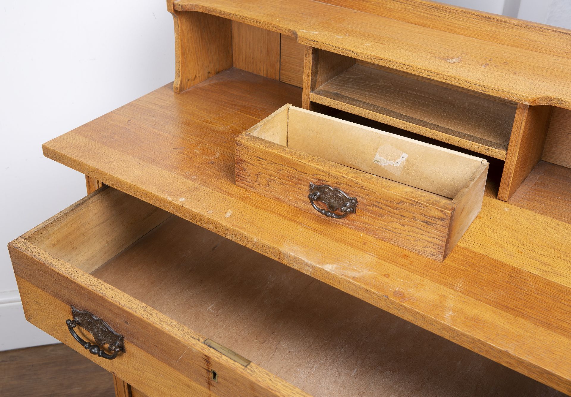 In the manner of Liberty & Co oak, dressing table, the top fitted with a rectangular bevelled edge - Image 4 of 5