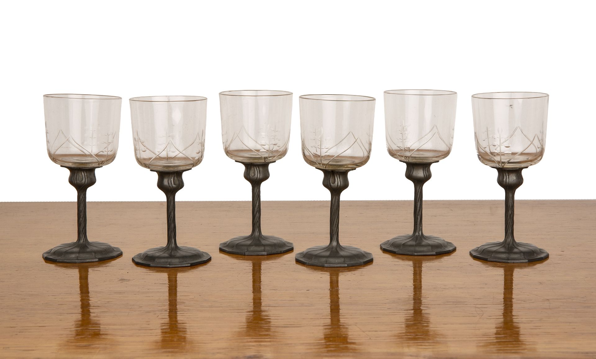 Orivit set of six Art Nouveau drinking glasses on pewter stems, the bowls with cut decoration,